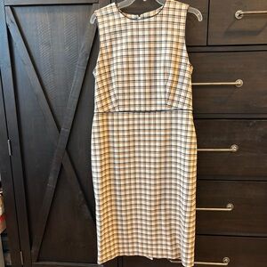 Ann Taylor Plaid Midi Dress in Cream, Black and Brown